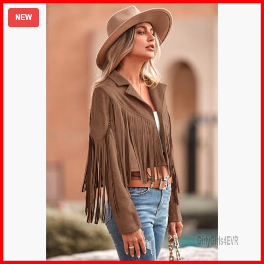 Faux Suede Cropped Motorcycle Jacket with Fringe Tassel Design - Picture 3 of 7